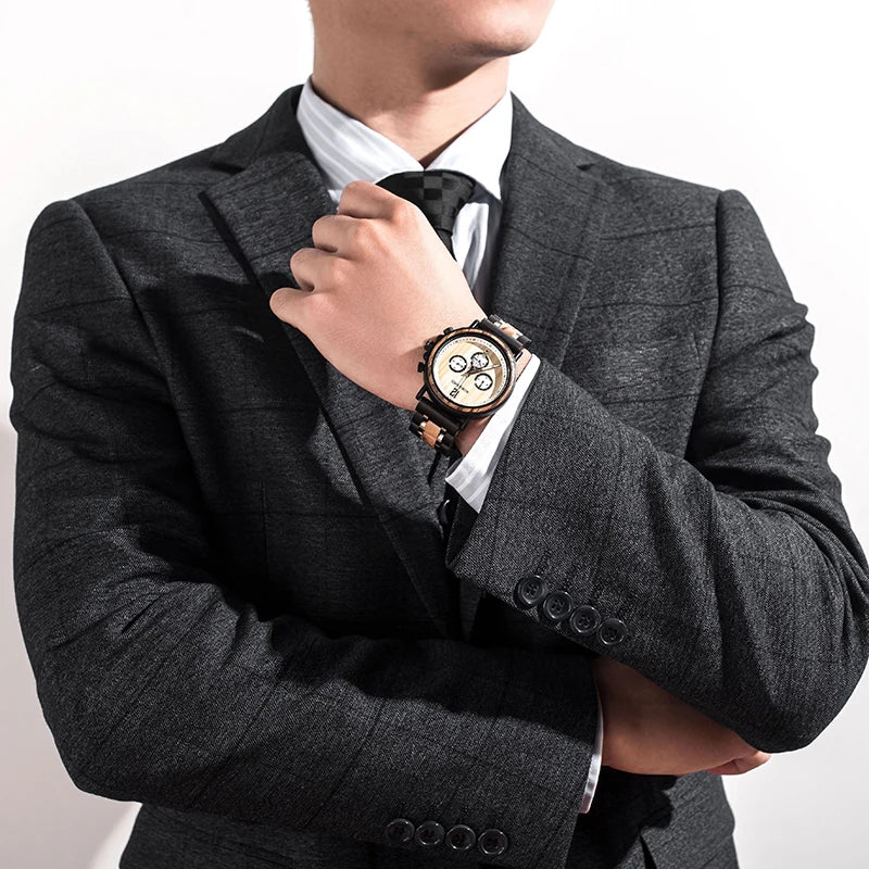 BOBO BIRD Wooden Watch Men Top Brand Luxury Stylish Chronograph Military Watches Wooden Box Logo Custom Great Gift Reloj Hombre