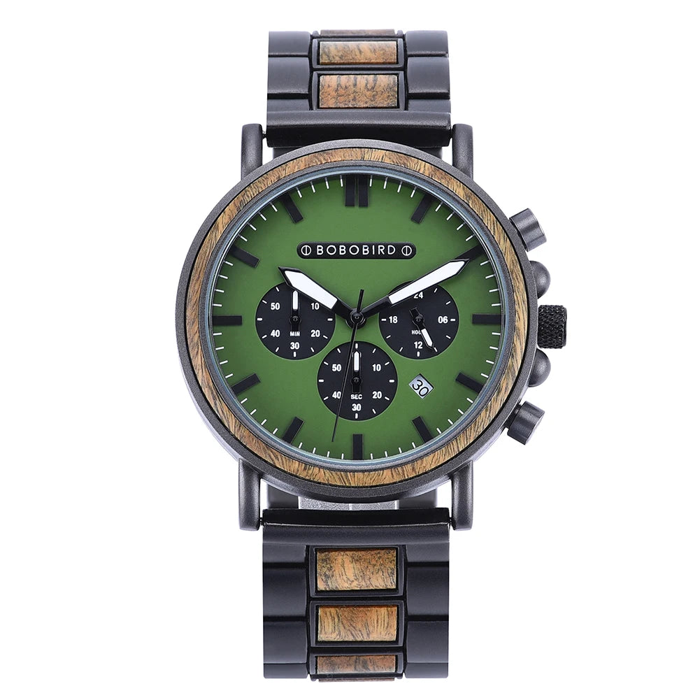 BOBO BIRD P09 Wood and Stainless Steel Watches Mens Chronograph Wristwatches Luminous Hands Stop Clock Customized Dropshipping