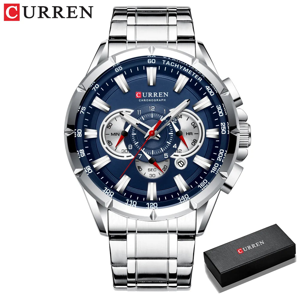 CURREN New Casual Sport Chronograph Men's Watches Stainless Steel Band Wristwatch Big Dial Quartz Clock With Luminous Pointers