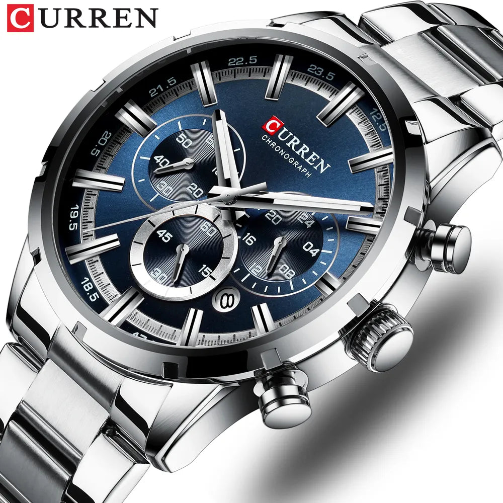 CURREN Military Quartz Watches Silver Blue Mens Stainless Steel Chronograph