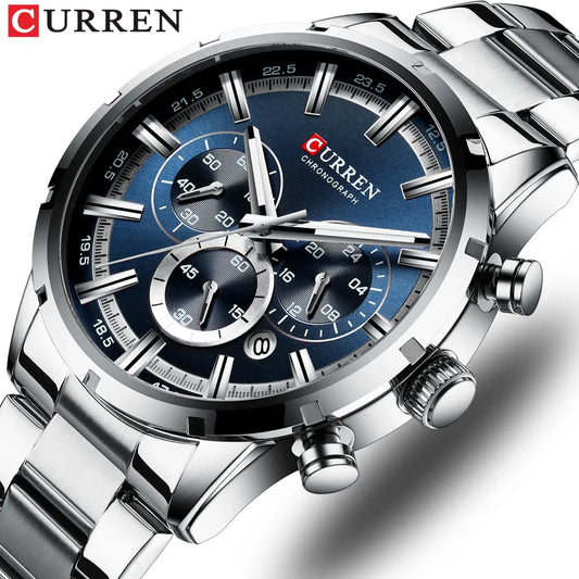 CURREN Military Quartz Watches Silver Blue Mens Stainless Steel Chronograph