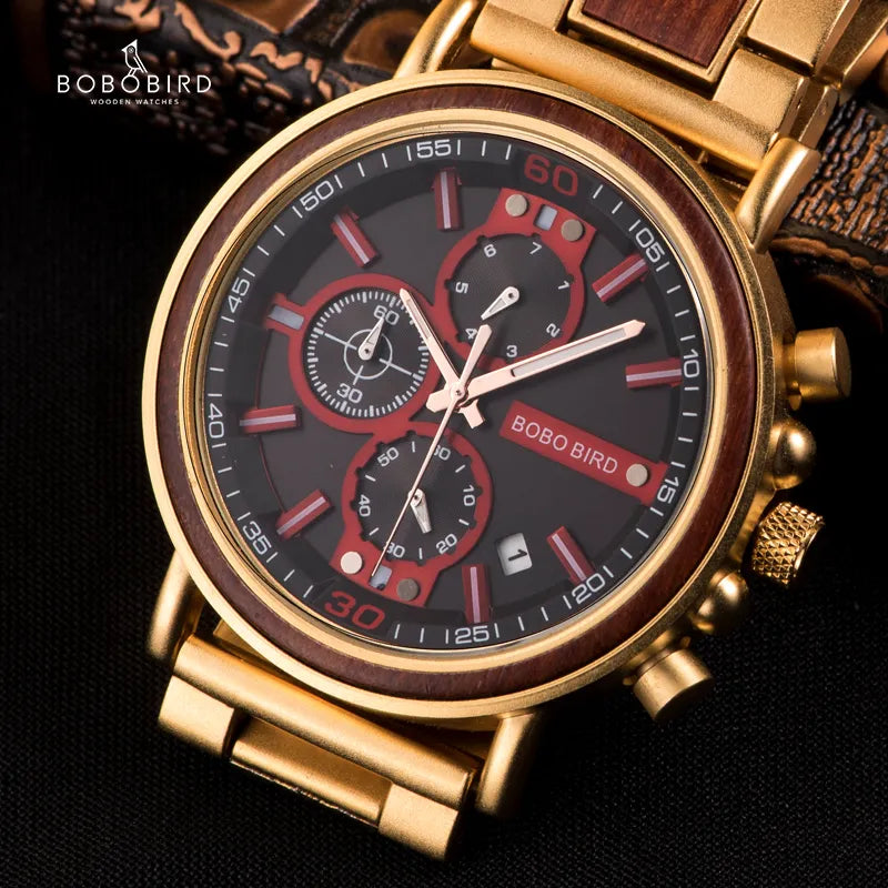 BOBO BIRD Wooden Watch Men Top Brand Luxury Stylish Chronograph Military Watches Wooden Box Logo Custom Great Gift Reloj Hombre