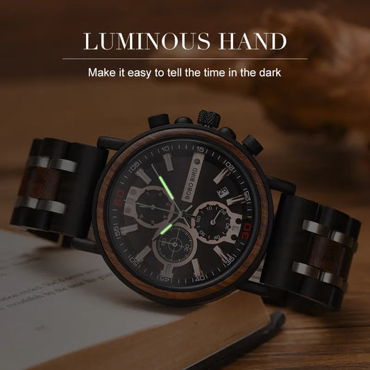 BOBO BIRD Wooden Watch Men Top Brand Luxury Stylish Chronograph Military Watches Wooden Box Logo Custom Great Gift Reloj Hombre
