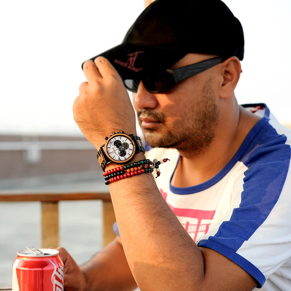 BOBO BIRD P09 Wood and Stainless Steel Watches Mens Chronograph Wristwatches Luminous Hands Stop Clock Customized Dropshipping