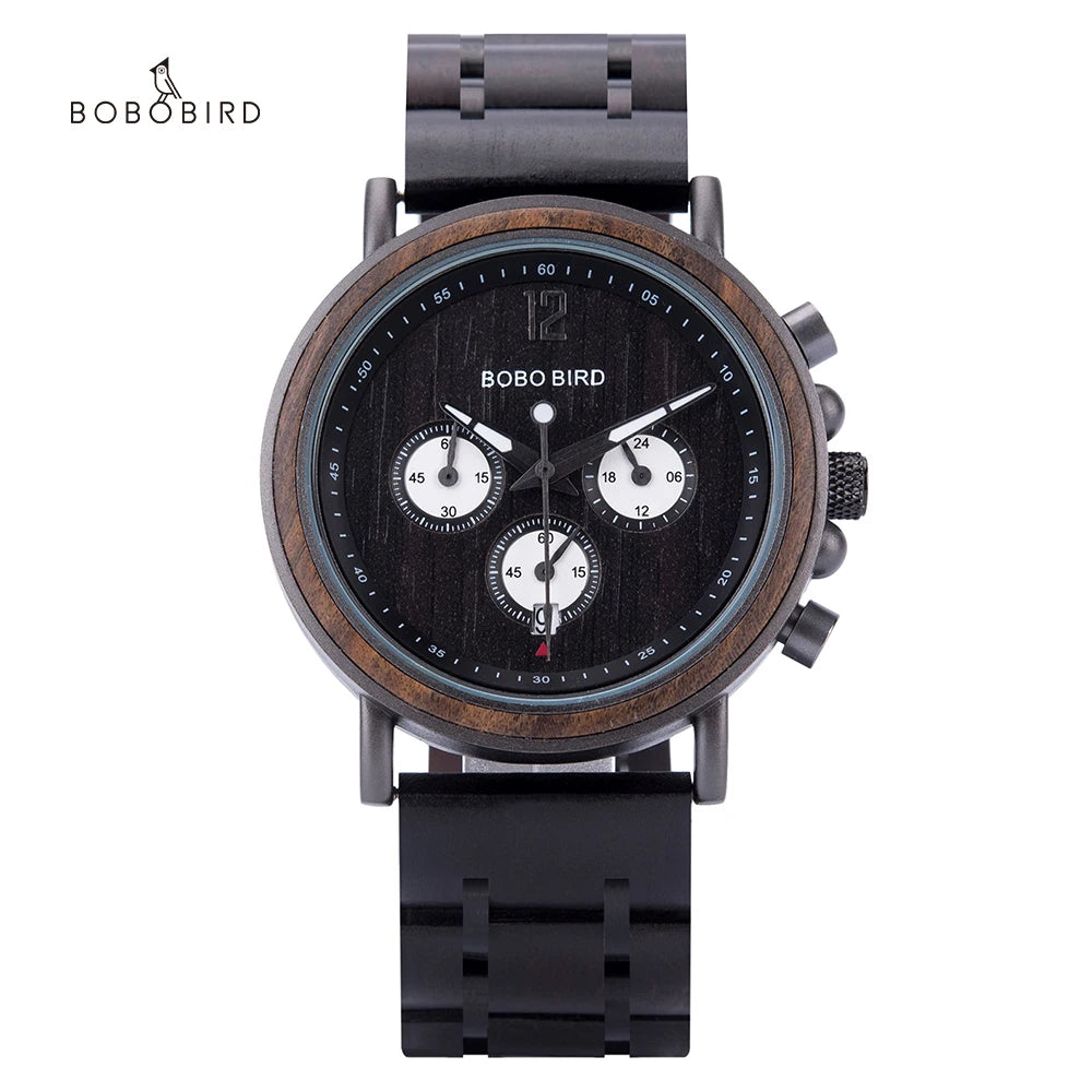 BOBO BIRD P09 Wood and Stainless Steel Watches Mens Chronograph Wristwatches Luminous Hands Stop Clock Customized Dropshipping