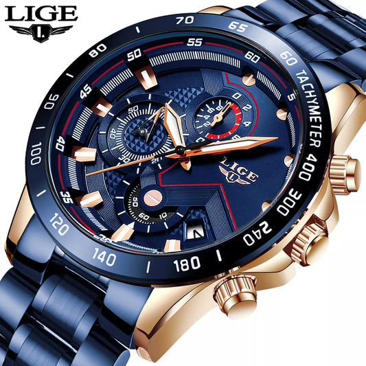 2025 New LIGE Fashion Mens Watches Stainless Steel Top Brand Luxury Sport Chronograph Quartz WithWatch for Men Relogio Masculino