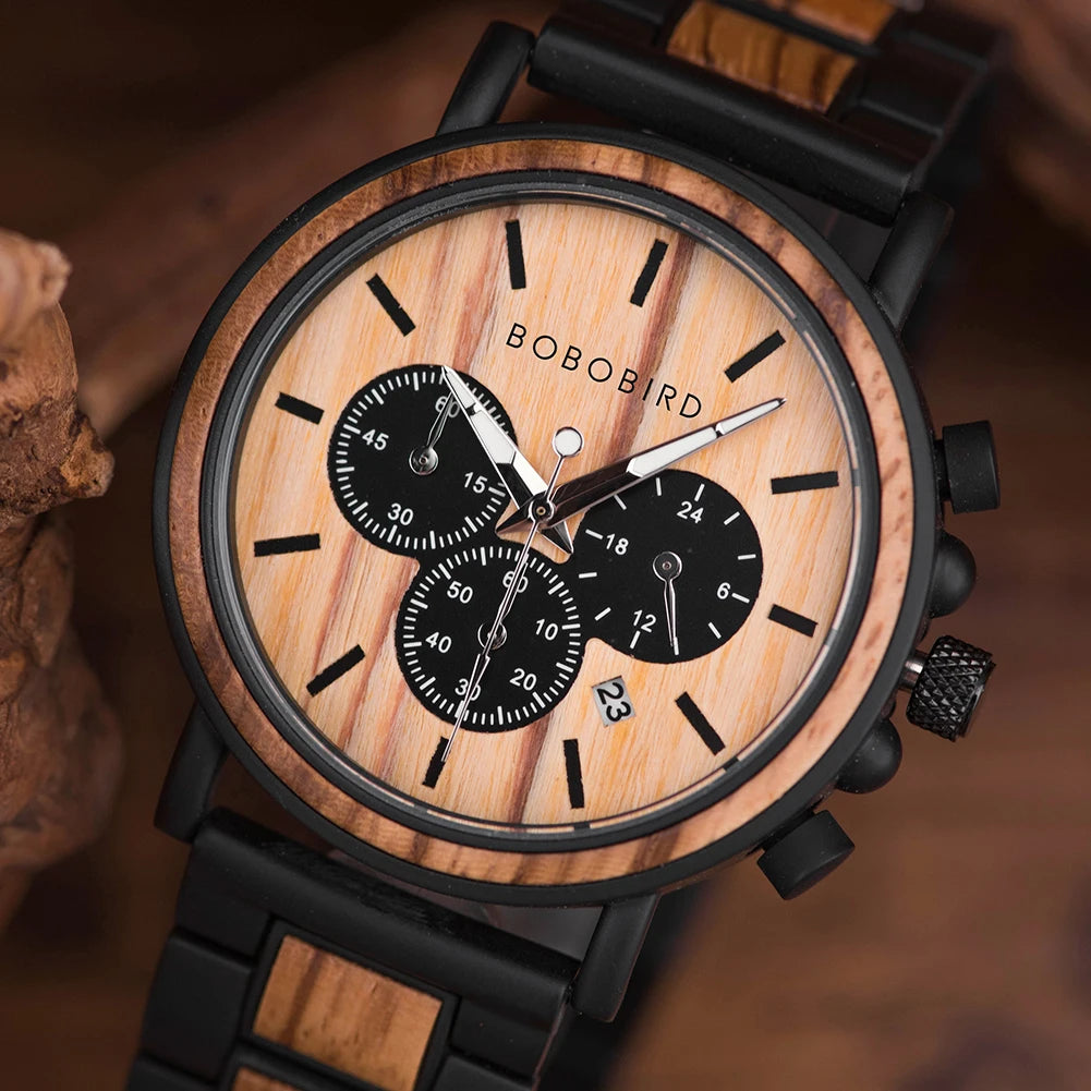 BOBO BIRD P09 Wood and Stainless Steel Watches Mens Chronograph Wristwatches Luminous Hands Stop Clock Customized Dropshipping