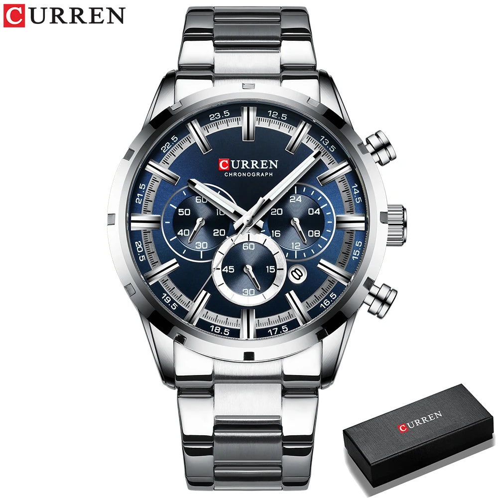CURREN Military Quartz Watches Silver Blue Mens Stainless Steel Chronograph