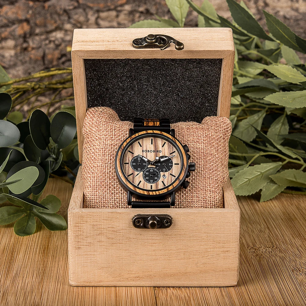 BOBO BIRD P09 Wood and Stainless Steel Watches Mens Chronograph Wristwatches Luminous Hands Stop Clock Customized Dropshipping