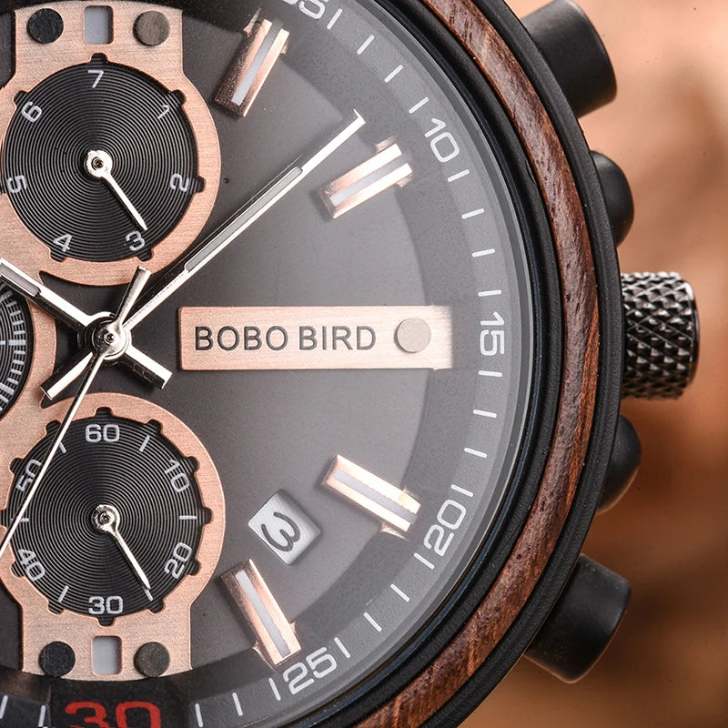 BOBO BIRD Wooden Watch Men Top Brand Luxury Stylish Chronograph Military Watches Wooden Box Logo Custom Great Gift Reloj Hombre