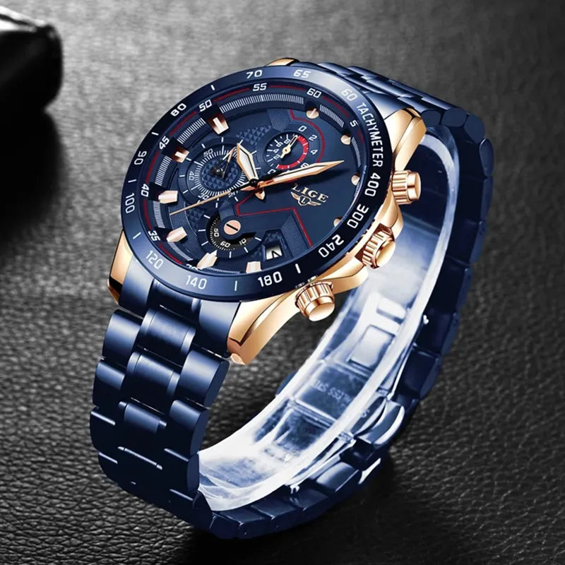 2025 New LIGE Fashion Mens Watches Stainless Steel Top Brand Luxury Sport Chronograph Quartz WithWatch for Men Relogio Masculino