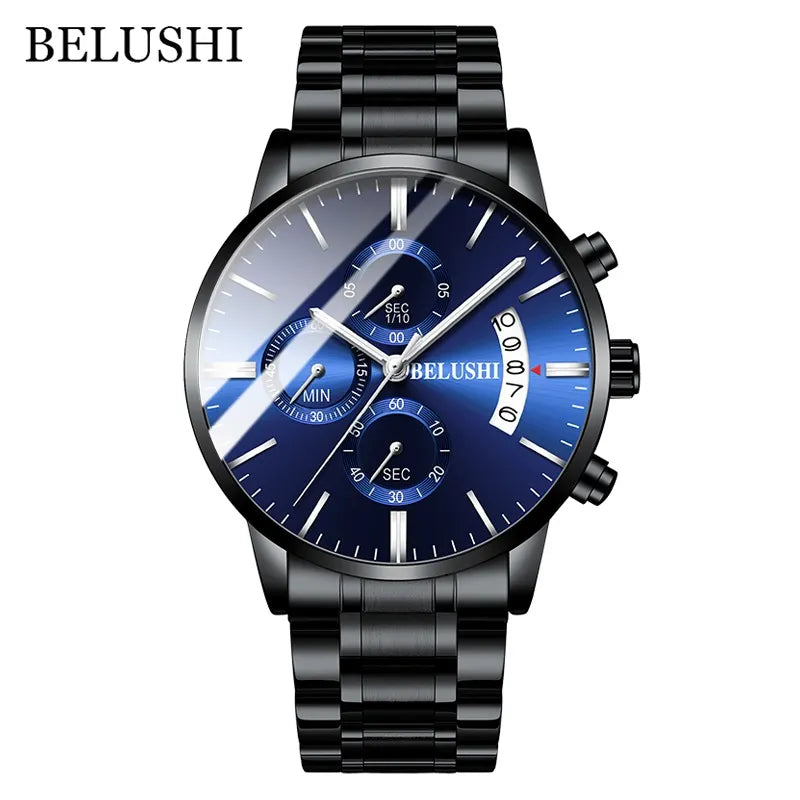BELUSHI Fashion Men's Quartz Watch Chronograph Luxury Full Steel Waterproof